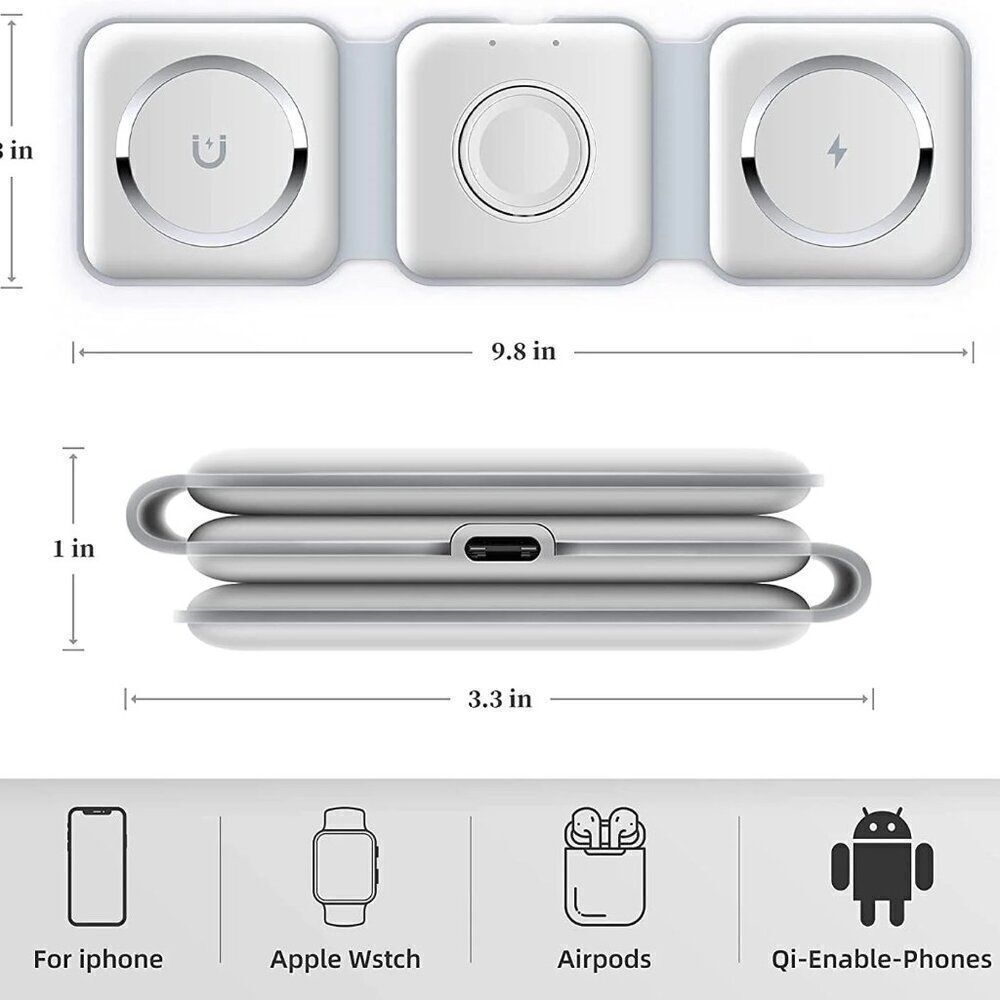 White Foldable 3 in 1 Magnetic 15W Wireless Charging Station